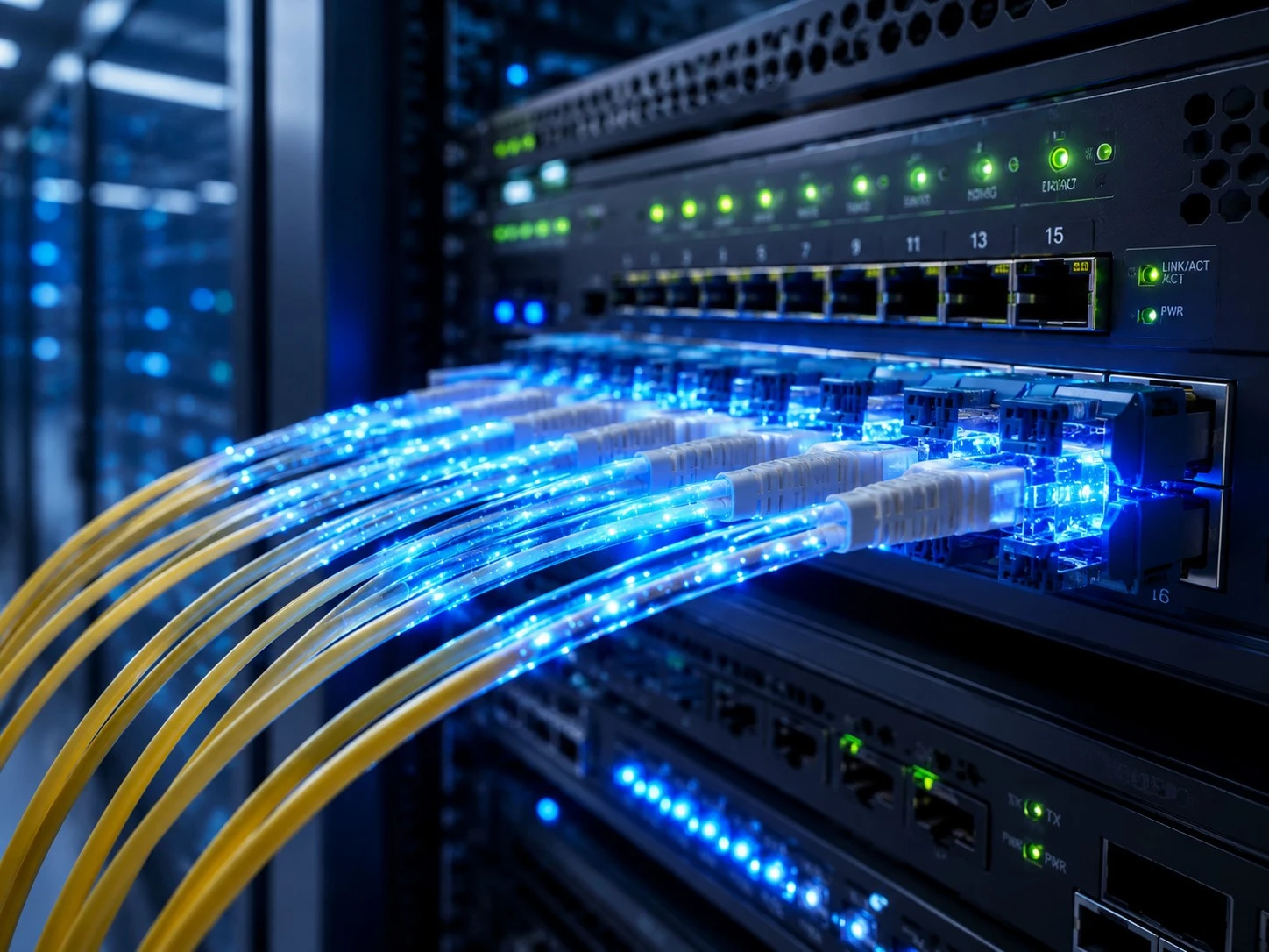 Modern fiber optic patch cables illuminating in a professional network environment showing connectivity and signal transmission Modern fiber optic patch cables illuminating in a professional network environment showing connectivity and signal transmission